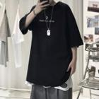 Crescent Print Lettering Elbow-sleeve T-shirt