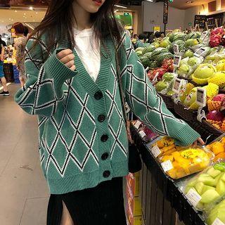 Diamond Plaid Cardigan / Split Hem Midi Knit Dress