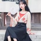 Set: Flower Print Bell-sleeve Wrap Top + Lace Hem Midi A-line Skirt