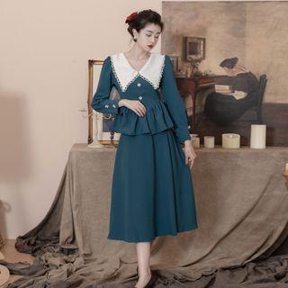 Set: Long-sleeve Contrast Collar Blouse + Midi A-line Skirt