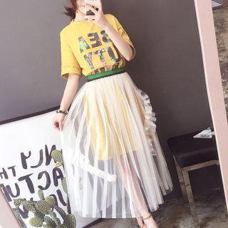 Set: Elbow-sleeve Printed Long T-shirt + Sheer Midi Dress