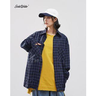 Unisex Loose-fit Drawstring-hem Plaid Shirt