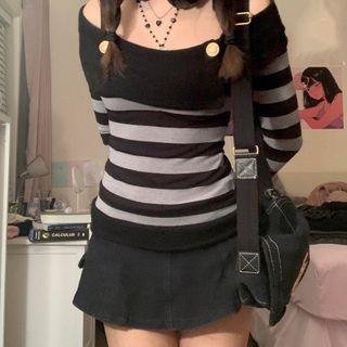 Off-shoulder Stripe Long Sleeve Top