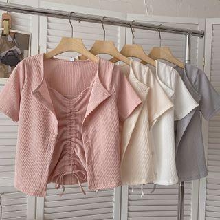 Set: Short-sleeve Button-up T-shirt + Drawstring Camisole Top
