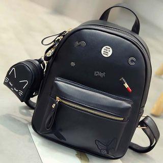 Set: Faux-leather Backpack + Cat Face Pouch
