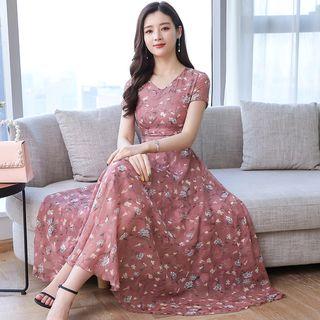 Short-sleeve Floral Chiffon A-line Midi Dress (various Designs)