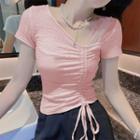 Short Sleeve Asymmetrical Neck Drawstring Crop T-shirt