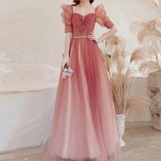 Elbow-sleeve Rhinestone Glitter Mesh A-line Evening Gown