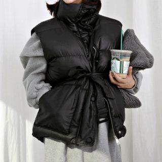Pocket-detail Padded Vest With Sash