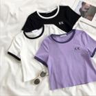 Lettering Embroidered Color-block Crewneck Short-sleeve T-shirt