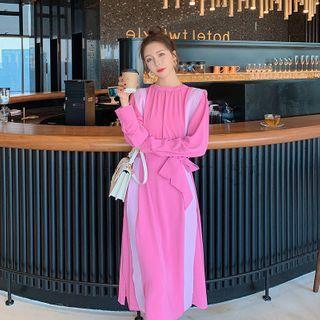 Color Panel Round-neck Chiffon Long-sleeve Dress