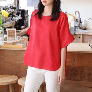 Roundneck Elbow-sleeve Colored Linen Top