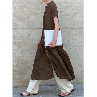 Short-sleeve Tie-neck Midi A-line Dress Grayish Blue - One Size