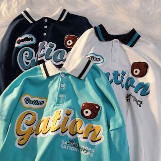 Long-sleeve Bear Embroidered Print Polo Shirt