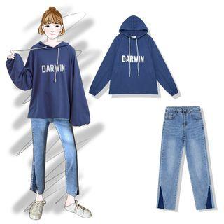 Printed Letter Long-sleeve Sweatshirt / High Waist Wide Leg Jeans