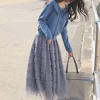 Set: Collared Cardigan + Midi Tiered Mesh Skirt