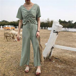 Set: Short-sleeve Drawstring Top + Wide Leg Pants