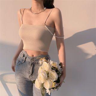 Faux Pearl Knit Camisole Top / High-waist Cropped Skinny Jeans