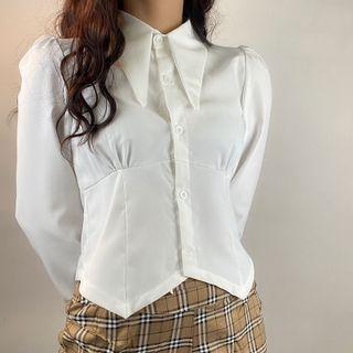 Long-sleeve Collared Fitted Button-up Blouse