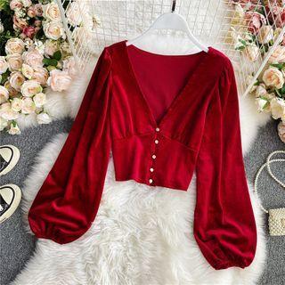 V-neck Velvet Puff-sleeve Blouse
