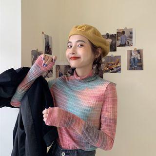 Long-sleeve Tie Dye Mock-neck Knit Top Orange & Pink & Green - One Size