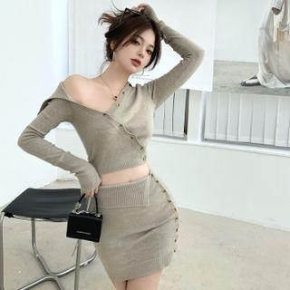 Long-sleeve Asymmetrical Cropped Knit Top / Mini Fitted Skirt