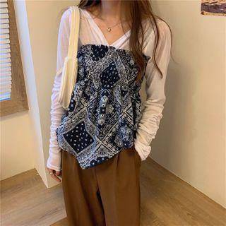 Plain V-neck Long-sleeve Top / Print Tube Top