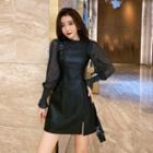 Set: Long-sleeve Glitter Mesh Top + Buckled Faux Leather Mini A-line Overall Dress