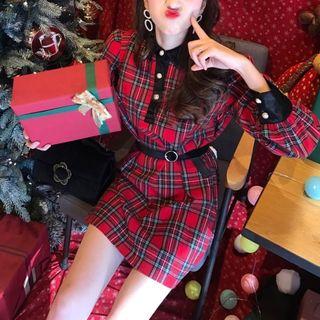 Check Lapel Long-sleeve Dress