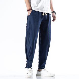 Crane Embroidered Frog-button Harem Pants