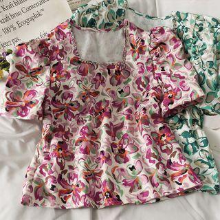Rhinestone-neckline Floral Top