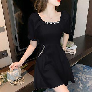 Puff-sleeve Square-neck Rhinestone A-line Dress