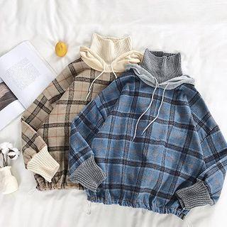 Mock Two-piece Mock-neck Panel Plaid Fleece Sweatshirt