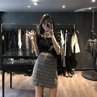 Puff-sleeve Ruffle Trim Cropped Blouse / Plaid Mini A-line Skirt