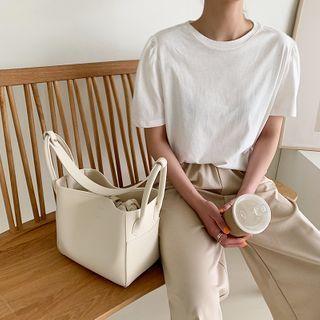 Shirred-shoulder Plain T-shirt Ivory - One Size