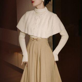 Set: Mock-neck Ribbed Knit Top + Cape
