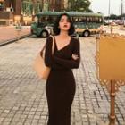 Long-sleeve Asymmetrical Knit Midi Sheath Dress