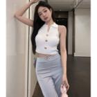 Cropped Sleeveless Top / Plain High-waist Straight Leg Pants