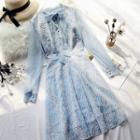 Long-sleeve Chiffon Paneled Lace A-line Dress