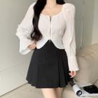 Puff-sleeve Zip-up Blouse / Pleated A-line Skirt