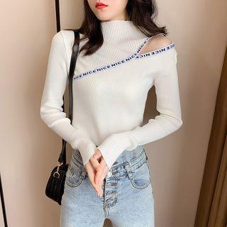 Lettering Cutout Mock Turtleneck Knit Top