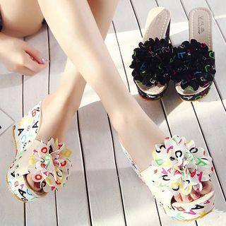 Flower Accent Studded Platform Wedge Sandals