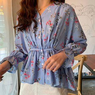 3/4-sleeve Tie-waist Floral Blouse