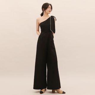 Sleeveless One-shoulder Rhinestone Trim Maxi Dress