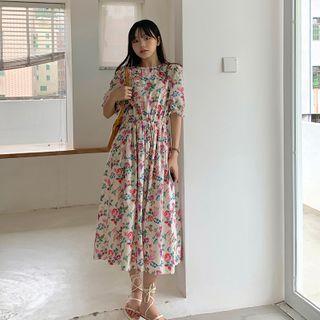 Floral Short-sleeve Midi A-line Dress Floral - One Size