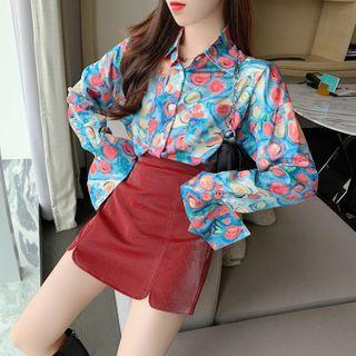 Long-sleeve Floral Print Shirt / A-line Mini Skirt