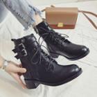 Faux Leather Double Buckles Block Heel Combat Ankle Boots