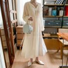 Drawcord-waist Long Chiffon Dress Cream - One Size