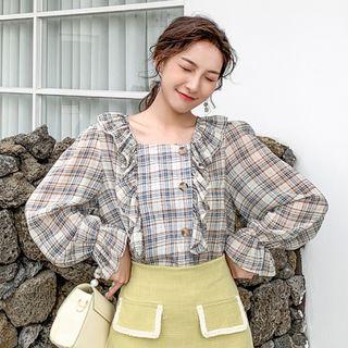 Square-neck Plaid Ruffled Chiffon Blouse