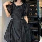 Puff-sleeve Embellished Puffy Mini A-line Dress Black - One Size